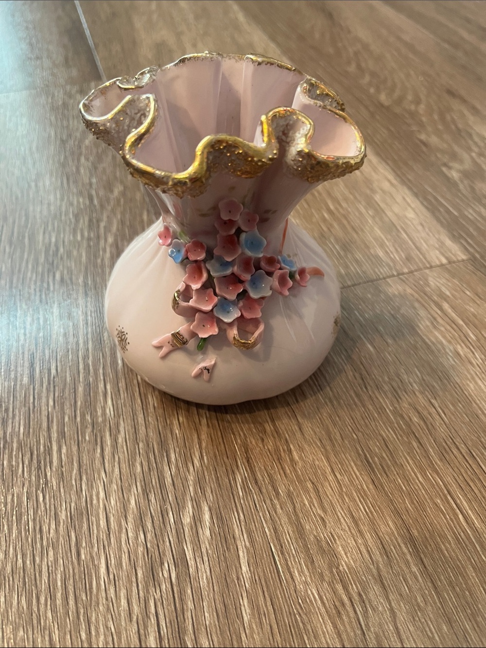 Hand-Painted Pink Porcelain Vase with Gold Trim and Floral Appliqué